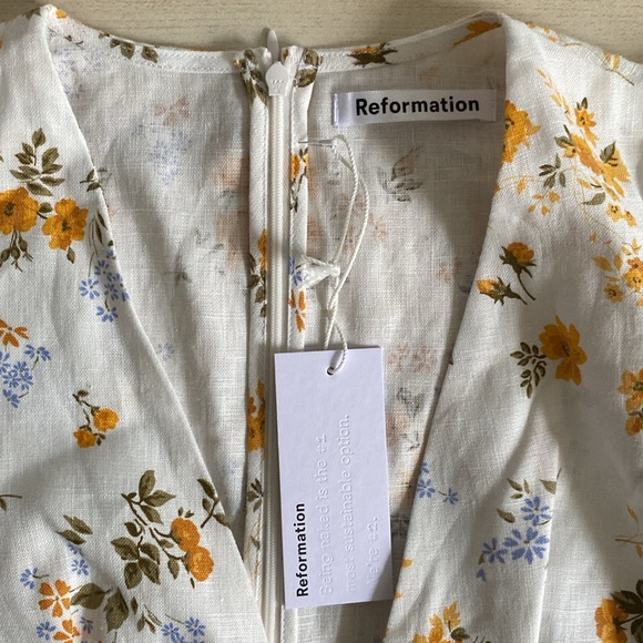 Reformation Maribel Linen Midi Floral Dress Puff Short Sleeves V Neck Tansy 4 - Picture 8 of 14